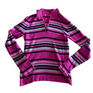Y2K Vintage Pink Striped Ribbed Quarter Zip Sweater Womens M/L